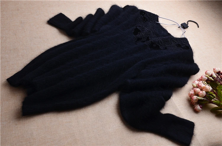 Ladies women mink cashmere o-neck loose fluffy angora rabbit fur loose hand knitted pullover sweater short warm sweater pullover