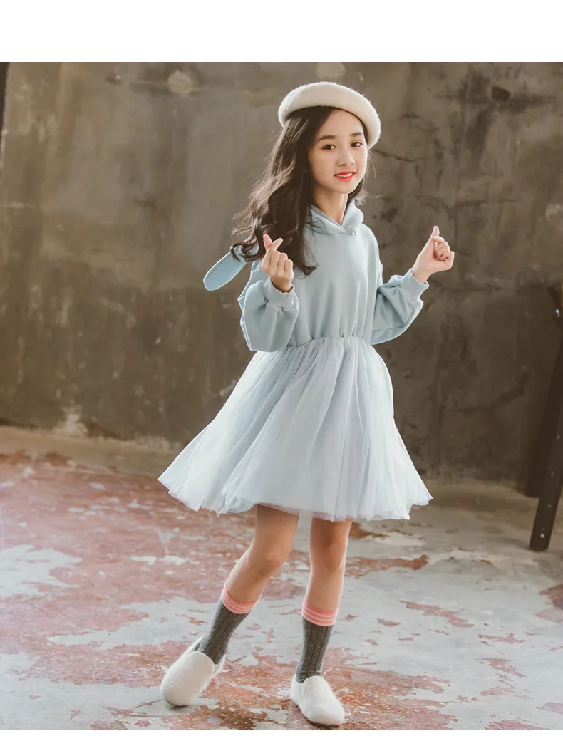 2020 Spring Autumn Big Girls Cute Pink Rabbit Ears Hooded Sweater Dresses Children Cotton Mesh Dress Blue Size 6 8 9 10 11 12 13 (2)