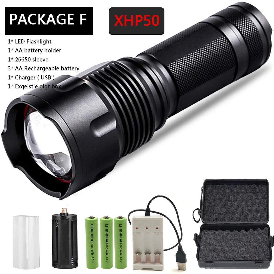 Package F Cree XHP70 XHP50 XM-L2 U3 XM-L T6 светодиодный вспышка светильник Водонепроницаемый фонарь с приближением, Мощность 26650 18650 14500 АА перезаряжаемая батарея светильник - Испускаемый цвет: Package F
