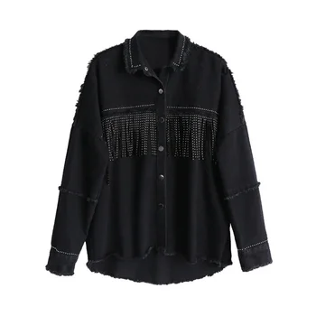 

Women Black High Quality Loose Denim Jacket Coat Sequined Tassels Streetwear All-match Mental Covered Button Outerwear Female
