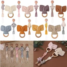 Anneau de dentition en bois sans BPA pour bébé, 2 pièces, dessin animé, oreille de lapin, nouveau né, jouets de dentition, attache sucette en coton, ensemble de chaîne, hochet sensoriel