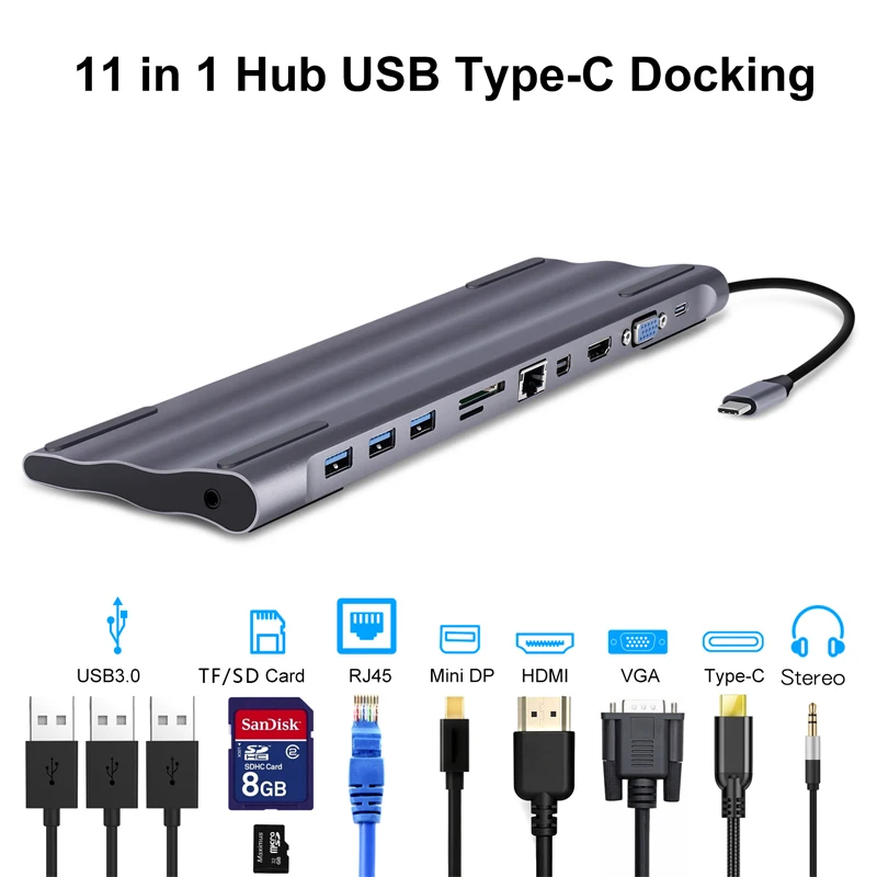 Cena Typ c stacja dokująca do aluminium 11 w 1 na HDMI czytnik kart RJ45 PD dla ładowarka Audio MacBook Samsung Galaxy hub usb c