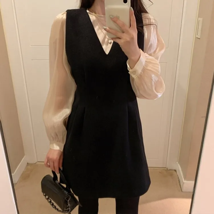 

Graceful Western Style Suit Dress 2019 New Style Women's Autumn And Winter Woolen Vest Shirt Two-Piece Dress Outfit