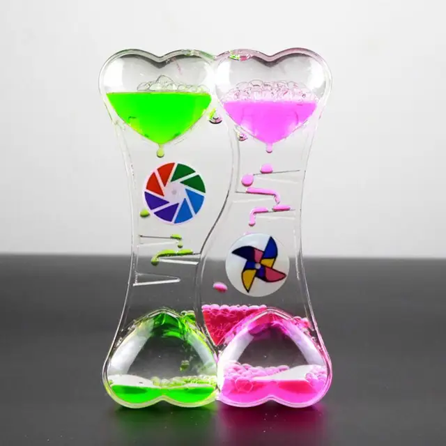 Double Heart Liquid Motion Bubble Drip Oil Hourglass Timer Clock Kids Toy Gift