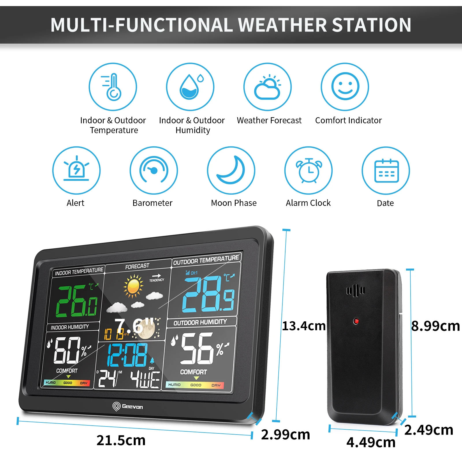 Geevon Weather Station Wireless Indoor Outdoor Thermometer Hygrometer with  Dew Point, Heat Index, Touch LCD Display Digital Weather Thermometer with