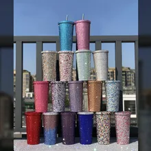 Net Celebrity Water Cup Stainless Steel Thermal Mug Diamond-studded Coffee Cup With Straw With Lid Large Capacity Milk Tea Cup