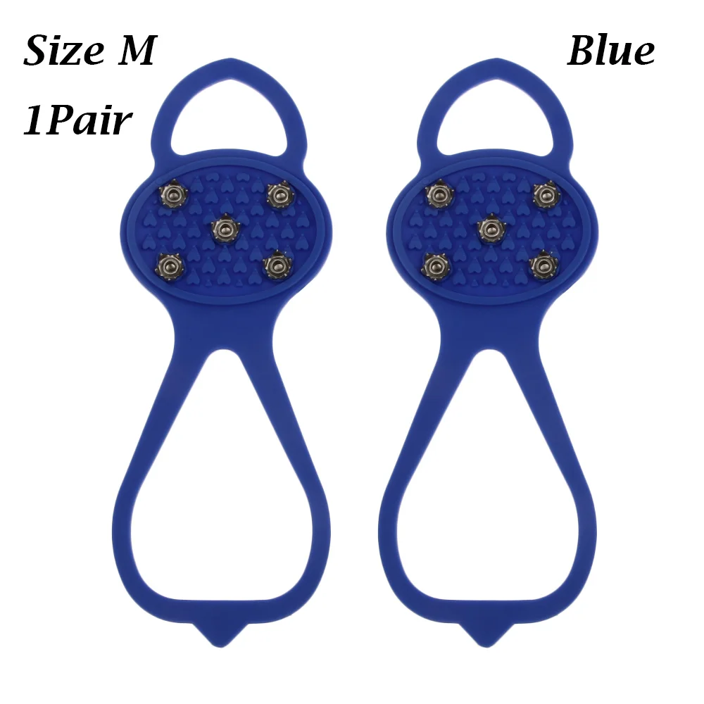 M Blue 1 пара Открытый ледяной снег захват шпильки 5 гвоздей Нескользящие сапоги силиконовые чехлы для альпинизма бутсы шипы обувь сапоги Захваты прогулки - Цвет: M Blue