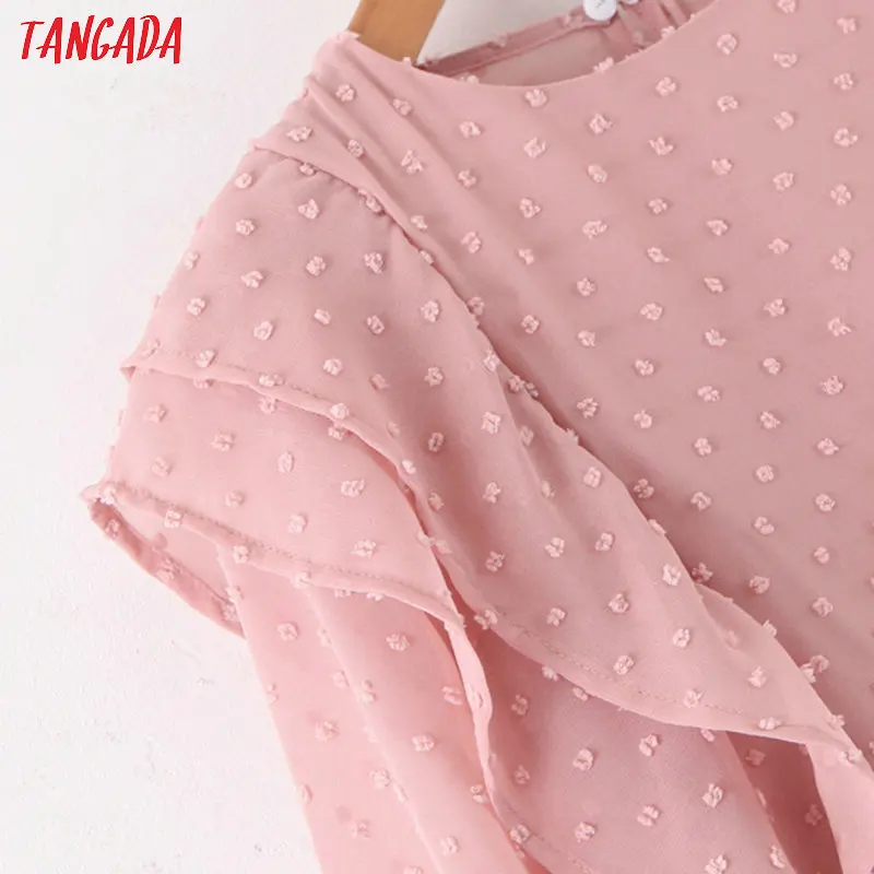 Tangada, Женская стильная розовая рубашка в горошек, с оборками, с круглым вырезом, с длинным рукавом, блузка, Женская Повседневная укороченная блузка, топ, blusas mujer SL155