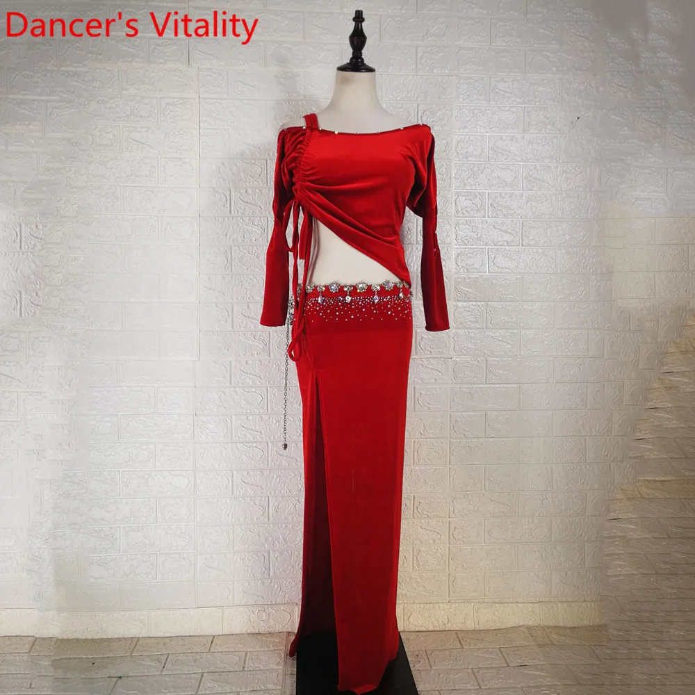 Winter Belly Dance Group Practice Clothes Velour Diamond Drawstring Top Skirt Oriental Indian Dancing Performance Training Suit