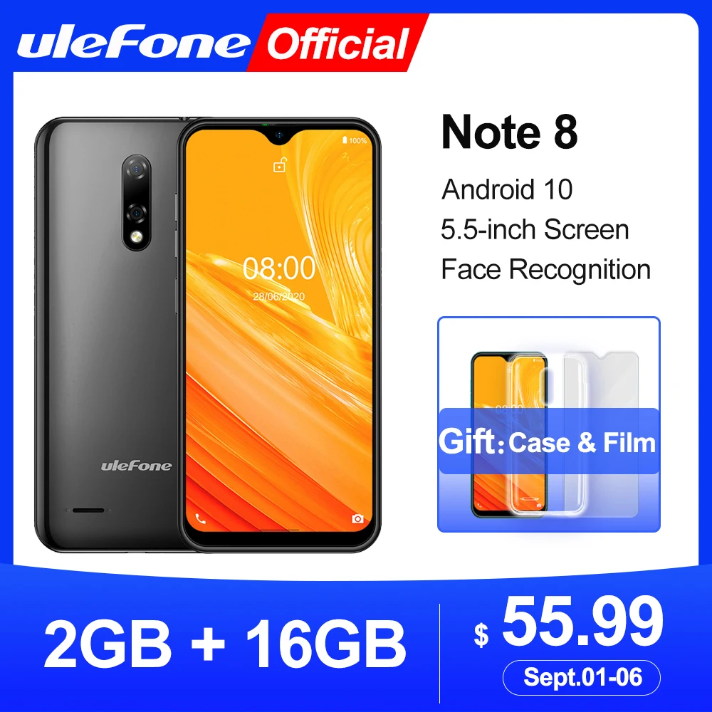 Ulefone Note 8 Smartphone Android 10 Waterdrop Screen Quad Core 2GB+16GB 5.5 inch Face Recognition 5MP Camera|Cellphones| - AliExpress