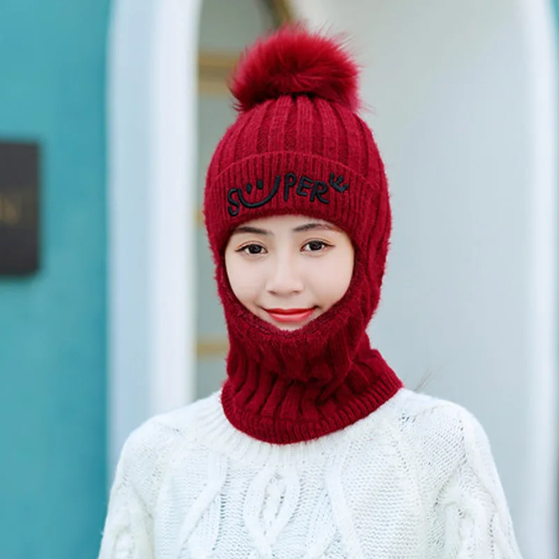 Wine red No zipper Зимняя вязаная шапка, теплая шапка с флисовой подкладкой для женщин, шапка для велоспорта на открытом воздухе, Осень-зима, H9 - Цвет: Wine red No zipper