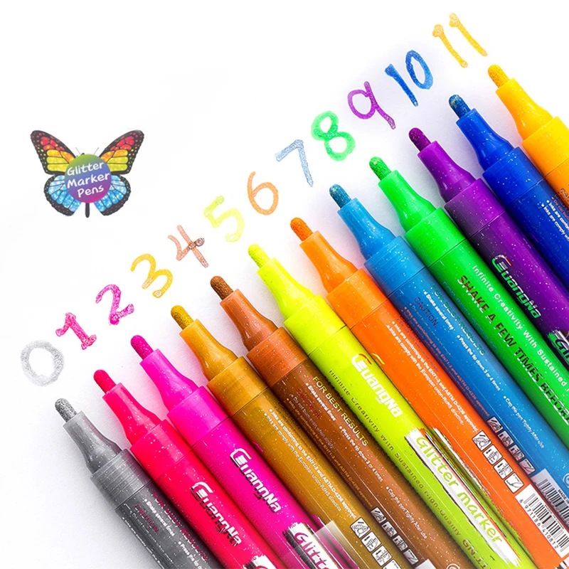 

12 Colors Glitter Marker Highlighter Pens Set Creative DIY Journal Graffiti Drawing Handle Fluorescent Pens Stationery Supplies