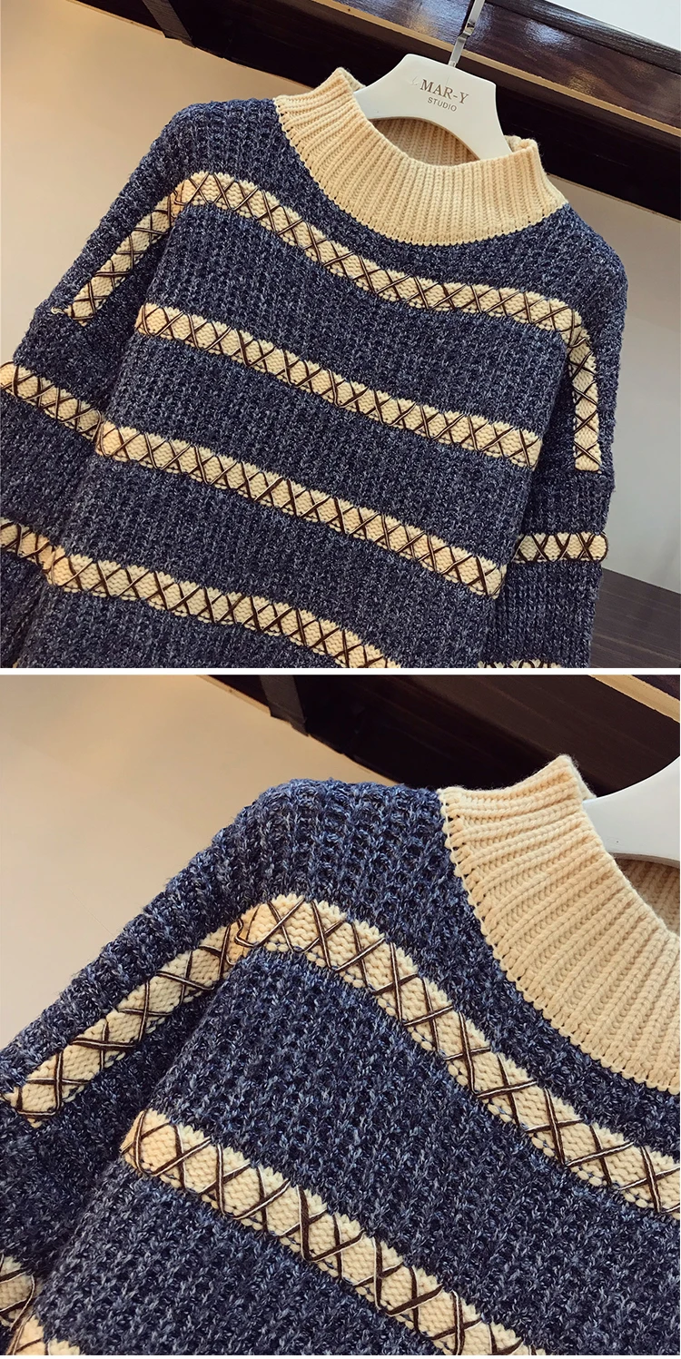 Осень зима плюс размер женский комплект 2 шт. геометрический вязаный пуловер с длинными рукавами свитер+ клетчатая мини-юбка комплект из 2 предметов 4XL