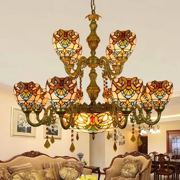 

European baroque tiffany stained glass retro hotel bar club villa bull pendent lamp of 12 + 1 living room