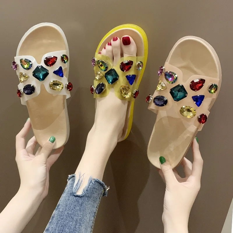 

Online Celebrity Slippers Women's Cute Fairy Wind INS Fashion 2019 Summer Transparent Color Man-made Diamond Korean-style Fashio