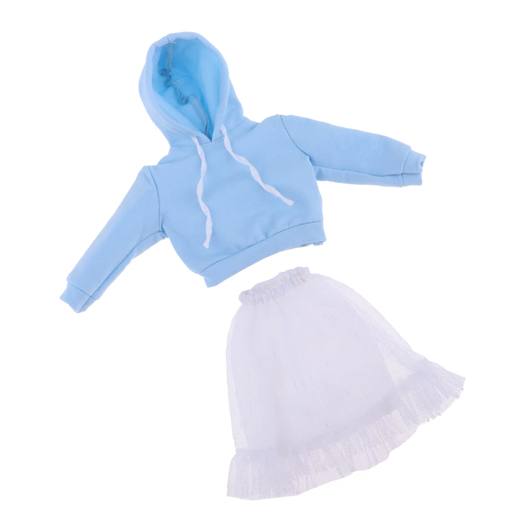 Fashion Long Sleeve Hoodie Veil Skirt Outfit for 12inch Blythe Licca Pullip Dolls Clothes Accessories Blue