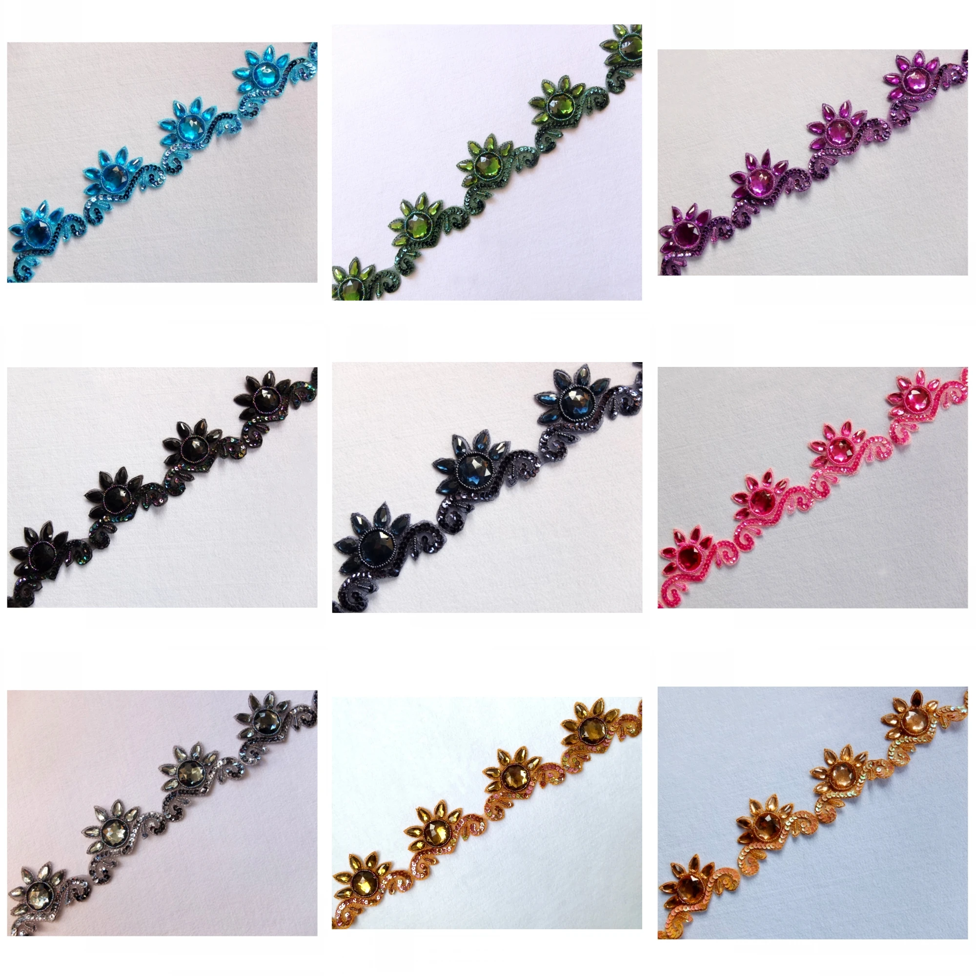 

1yd x Handmade 9Color(Navy Blue Black Purple Blue Brown+)Sequin Beaded Stone Crown-shaped Ribbon Lace Trims Beaded Applique BT18