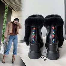 Bottes femme; ботильоны; женские зимние ботинки; теплые плюшевые ботинки из коровьей кожи с вышивкой; женские зимние ботинки; mujer
