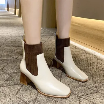 

Women Ankle Boots Slip On PU Leather Stretch Fabric Sewing Ladies Boots Autumn Female Square Toe Footwear High Heel Boots 2020