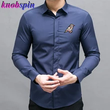 Тонкая мужская рубашка, модная рубашка с длинными рукавами и вышивкой, однотонные футболки из натурального хлопка, мужские рубашки больших размеров