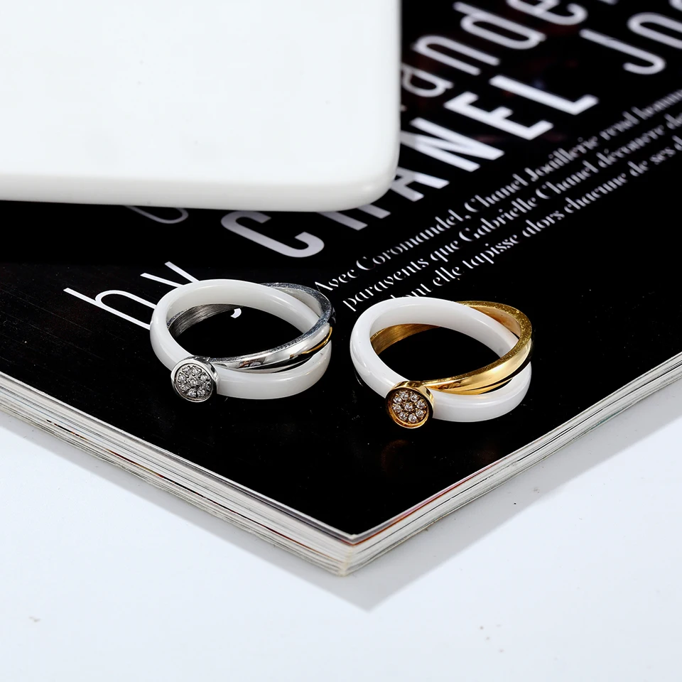 Дизайн X Форма Крест кольцо Женская мода с фианитами в микро-паве Кристальные кольца знак бесконечности женские керамические кольца из нержавеющей стали