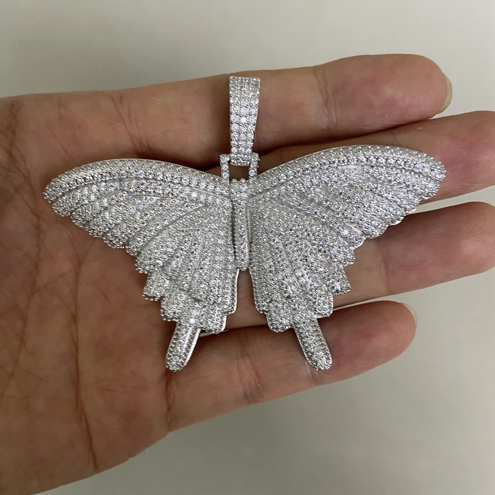 Meisidian Solid S925 Silver Iced Out Moissanite Diamond Hip Hop Butterfly Pendant Necklace For Women