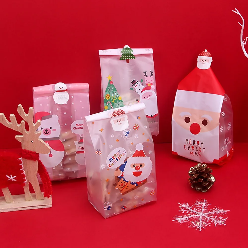 25pcs Santa Claus Christmas Plastic Gift Bags Cookie Candy Biscuit Packaging Bag Christmas Decoration Gifts For New Year 2022