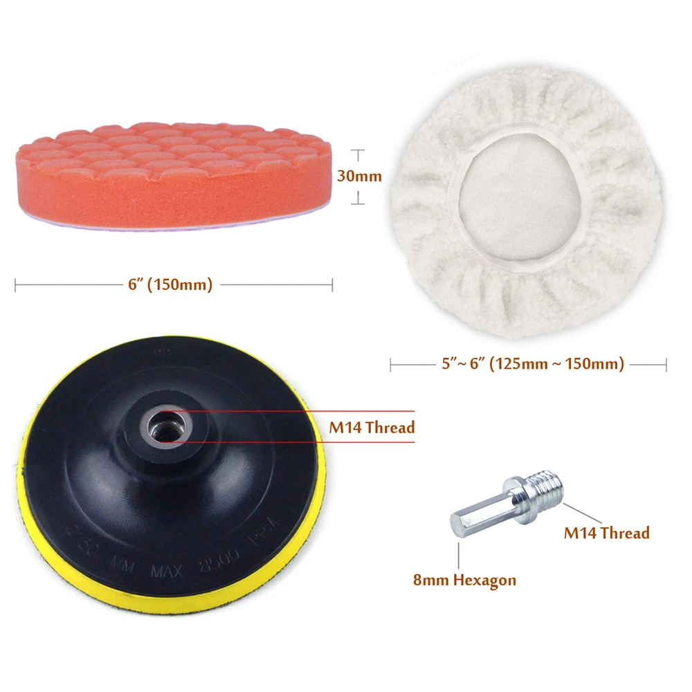 6 дюймов Для Полировки Автомобиля Kit 11 шт./компл. полировка шлифовальная Губка колодки+ шерстяной берет колодки+ 8 мм M14 Дрель адаптер для электродрели