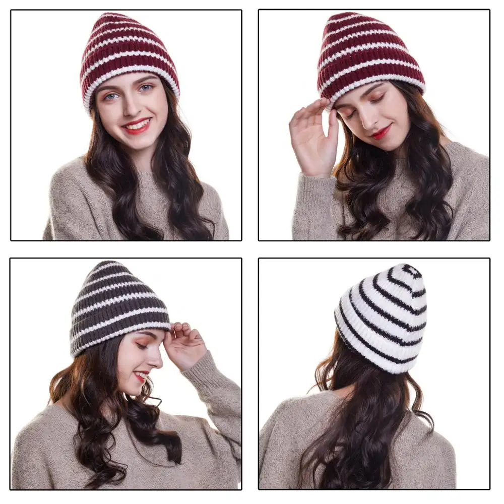 WELROG, теплая вязаная шапка Skullies, зимняя шапка, полосатая шапка, шапки, новые шапочки, Женская Повседневная Складная элегантная шапка