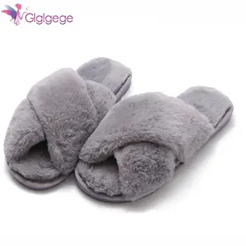 

Glglgege 2019 New Warm Bow Winter Woman Slippers indoor Cross Strap Woman Flats Flock slipper Plus Size Comfortable Platform