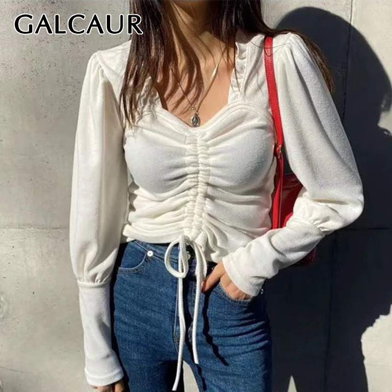 GALCAUR Корейская женская футболка на завязках с рюшами, квадратный воротник, длинный рукав, большие размеры, тонкая повседневная женская футболка, модная одежда