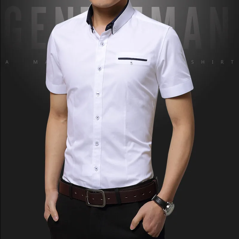 

46 Spring Summer Casual Shirt Men High Quality Mens Dress Shirts Solid Slim Fit Short Sleeve Men's Shirt Asian