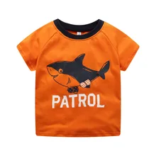 Детская футболка с короткими рукавами, стиль, западный стиль, детская одежда из чистого хлопка с рисунком акулы, Круглый реглан