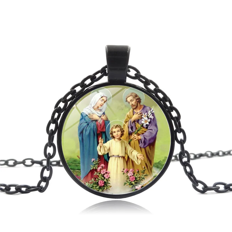 

New Products Accessories Blessed Virgin Mary Maria Jesus Time Stone Necklace Alloy Glass Pendant Retro Sweater Chain