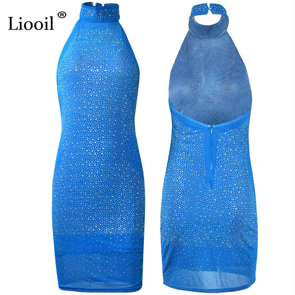 Liooil плюс размер горный хрусталь сексуальная сетка Холтер Bodycon мини платье для женщин без рукавов с открытой спиной с высокой талией ночной клуб платья для вечеринок