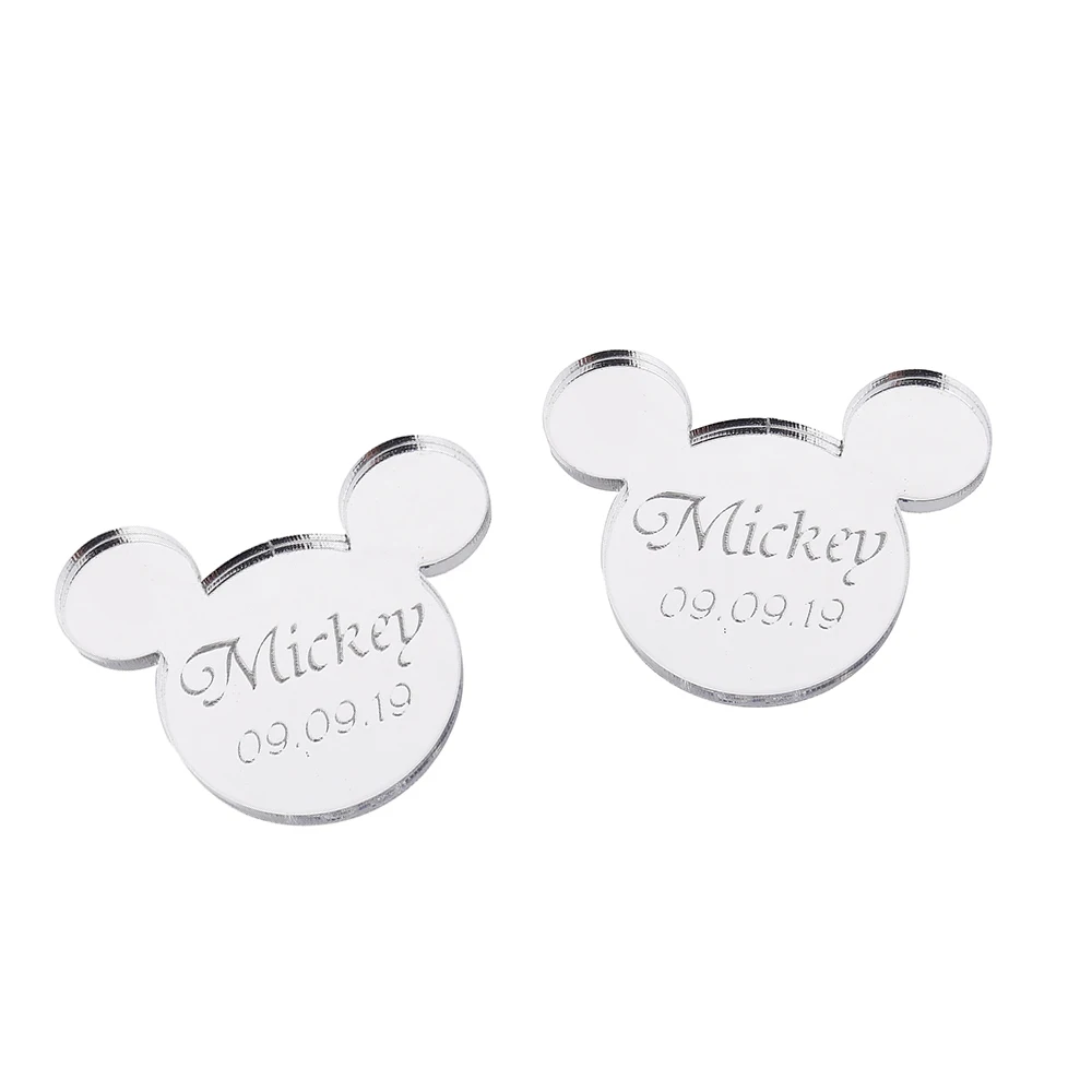font 7 Silver 20 шт персонализированное гравированное зеркало Микки Маус Надпись Логотип, название Baby Shower бирки настольные украшения для вечеринки, дня рождения 4 см - Цвет: font 7 Silver