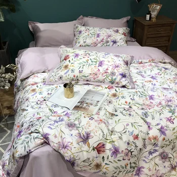 

Purple elegant bedding set flower print 100% Egyptian cotton bedlinen sheets Satin duvet cover pastoral princess bedspreads