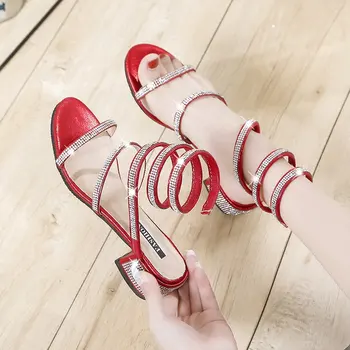 

Summer new sandals female sense crystal sandals sandals open toe snake-shaped winding words with high-heeled Roman shoes