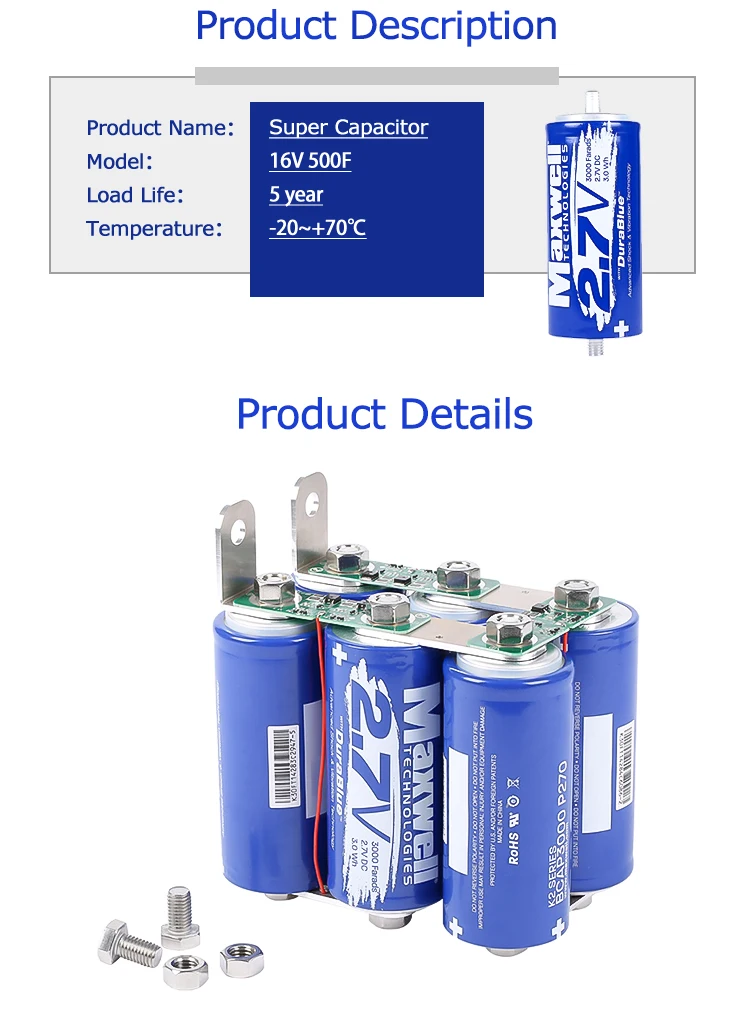 Original MAXWELL Super capacitor 16v 500f  car bettery bank  6* 2.7v  3000 farad ultracapacitor For motor starting