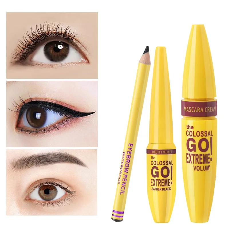 

3 in 1 Eyes Makeup Set Long Lasting Waterproof Eyeliner Lengthening Mascara Ultra Fine Eyebrow Cosmetic Kit Easy to Use