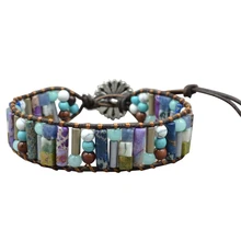 Женский браслет в стиле бохо трубчатый натуральный камень один кожаный браслет полудрагоценный камень Браслет-манжета, украшенный бисером