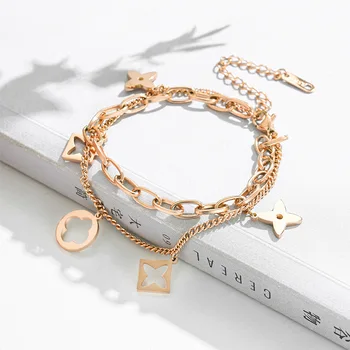 

Clover bracelet,Double titanium steel pair bracelet,Anti - allergy titanium steel rose gold bracelet