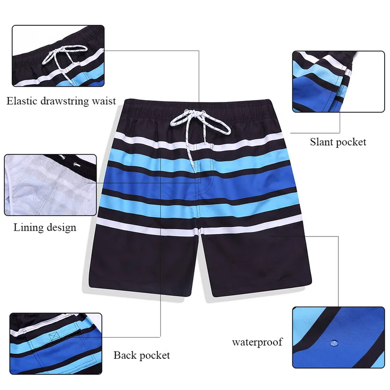 Cheap Adisputent 2020 Summer Men's Striped Swimwear Shorts Male Quick-drying Short Pants Casual Shorts Sports Beachwear With Pockets