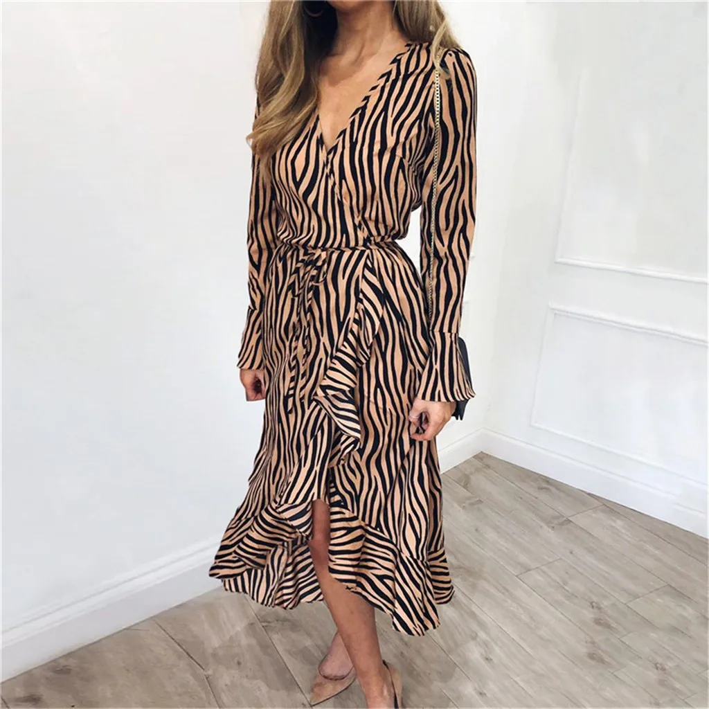 

Long Dress Women Zebra Print Beach Chiffon Dress Casual Long Sleeve V Neck Ruffles Party Dress Vestidos De Fiesta De Noche