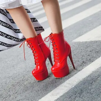 

Womens Platform Super High 15CM Heels Ankle Boots Lace Up Patent Leather Shoes Punk Motorcycle Plus Size 3Colors