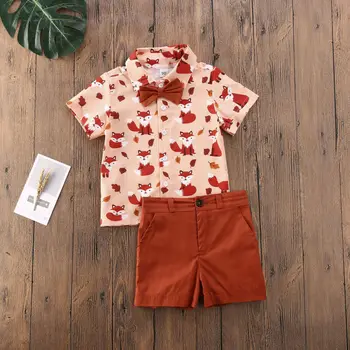 

pudcoco Summer Kids Boy Short Sleeve Bowknot Animal Printed Tops Shorts Pants Fox Print Bow Tie Clothes Outfit