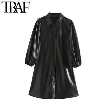 

TRAF Women Vintage Stylish Faux Leather Black Mini Dress Fashion Lapel Collar Long Sleeve Female PU Dresses Chic Vestidos Mujer