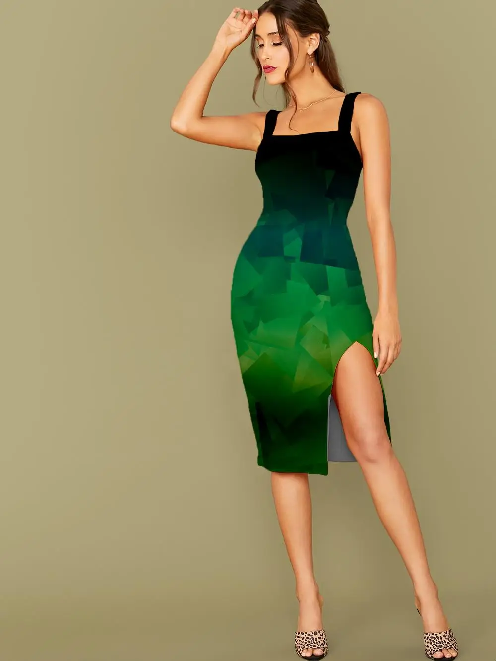 

3D Dress Abstract Dress Women Psychedelic Halter Sleeveless Green Side Slit Dresses Cube Sundress Women Summer Beach Boho