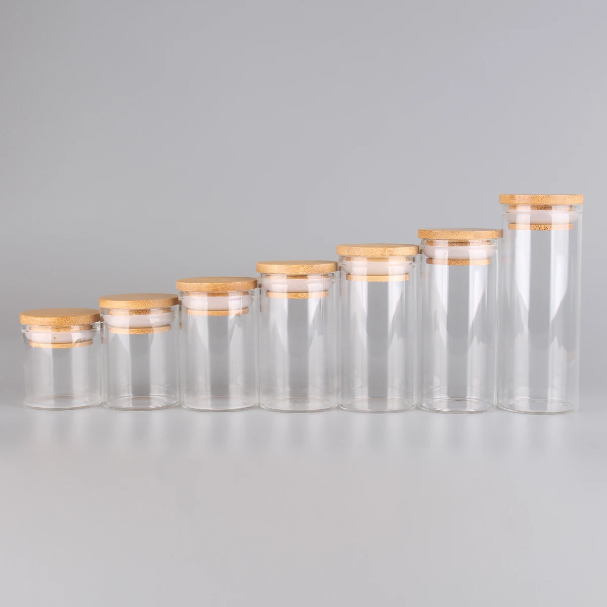 6pcs/lot 50ml 60ml 80ml 90ml 100ml 120ml 150ml Glass Candy Bottles With Bamboo Caps Pill Container Empty Bottles For Art Crafts 5