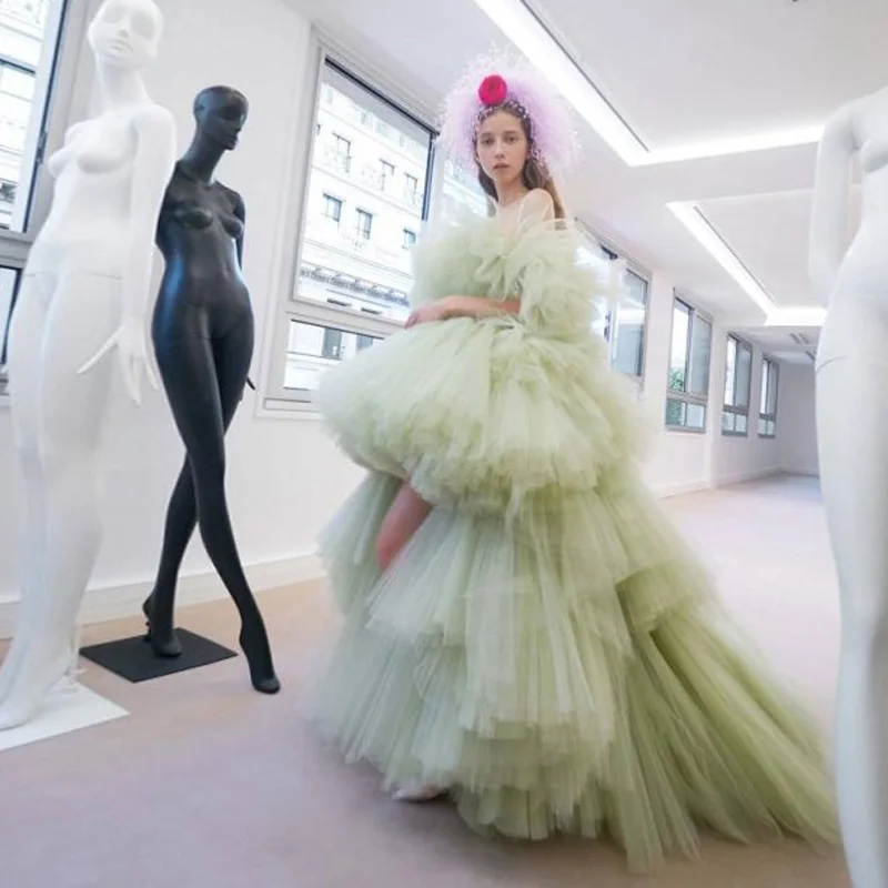 

Sweet Light Mint Green Ruffles Tiered High Low Tulle Prom Gowns Off The Shoulder Fresh Puffy Formal Dresses Wedding Gowns